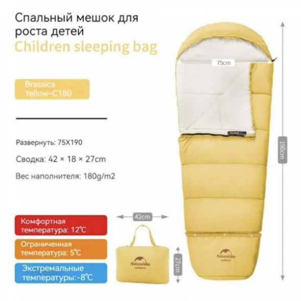 Спальный мешок Naturehike C180 (190x75см), желтый в Новороссийске