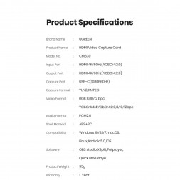 Карта видеозахвата UGREEN CM630 HDMI 4K60Hz