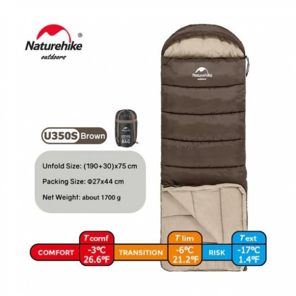Спальный мешок Naturehike U350S (Левый), коричневый в Новороссийске