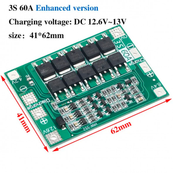 Плата защиты аккумулятора BMS 3S 60A 12.6 для Li-ion в Новороссийске